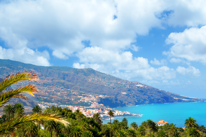 Scenic coastal view with palm trees, mountains, and blue ocean under a cloudy sky.
