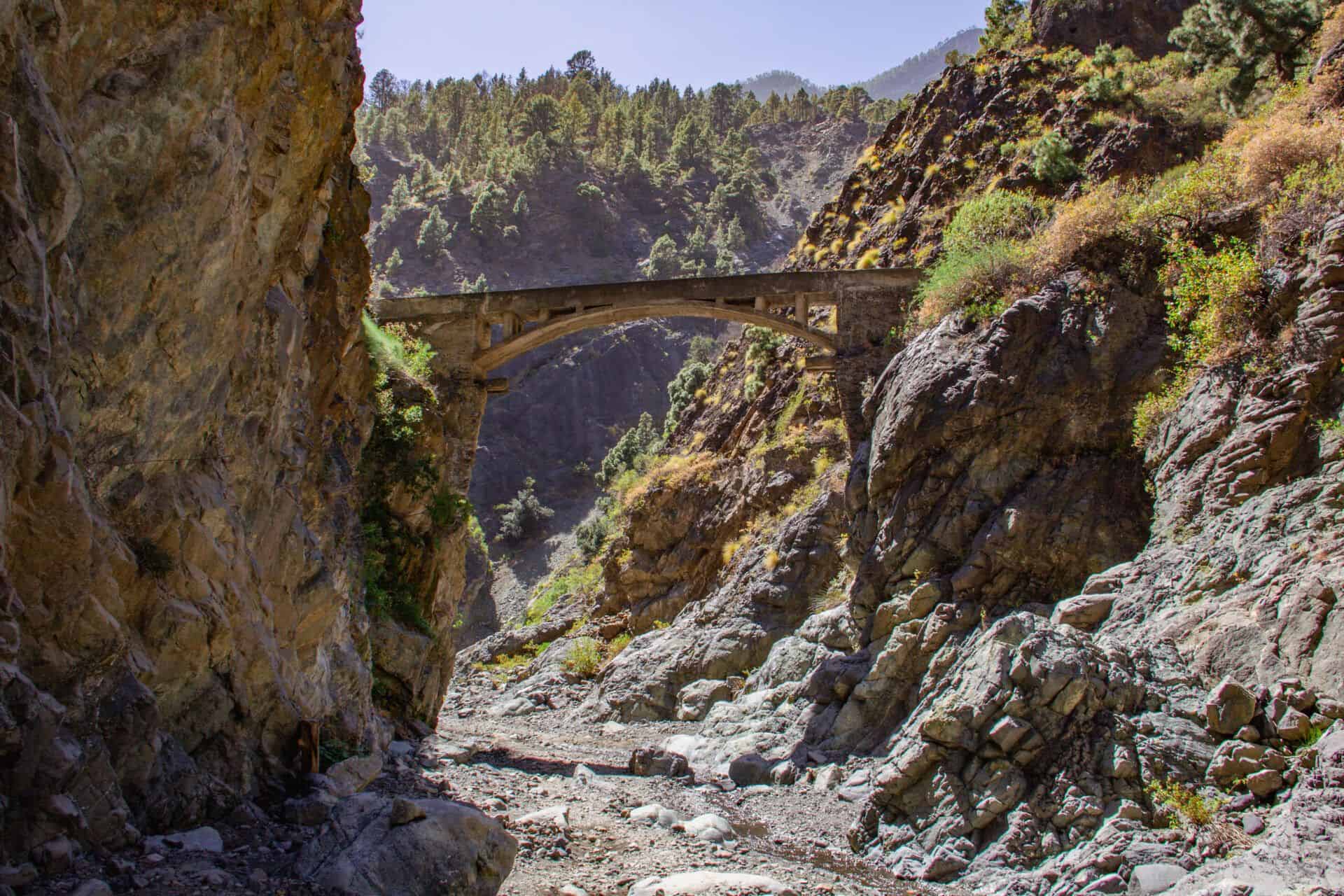 Stone arch bridge over rocky canyon with trees in background.