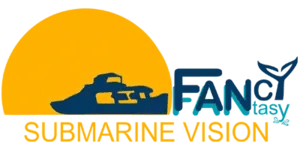 Sunset background with submarine silhouette, 'FANCY Submarine Vision' text.