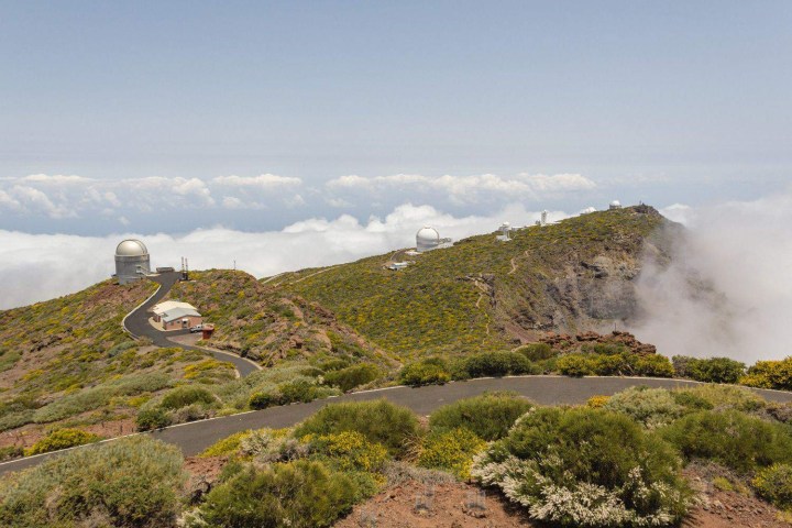 Observatory domes on a mountain surrounded by clouds and vegetation.