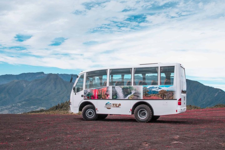 White tour bus with nature images parked on a scenic mountain road.
