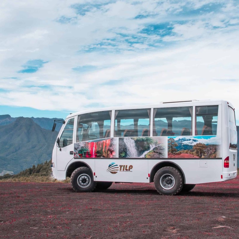 White tour bus with nature images parked on a scenic mountain road.