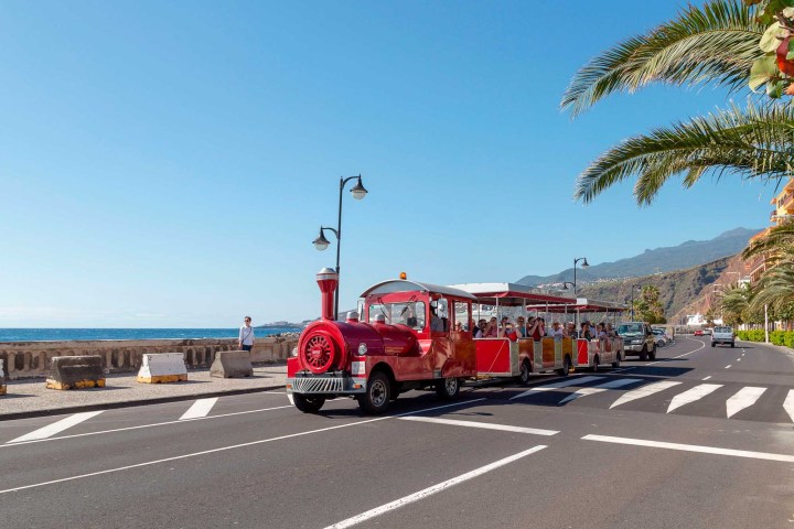 Red tourist train on coastal road with mountains and palm trees.